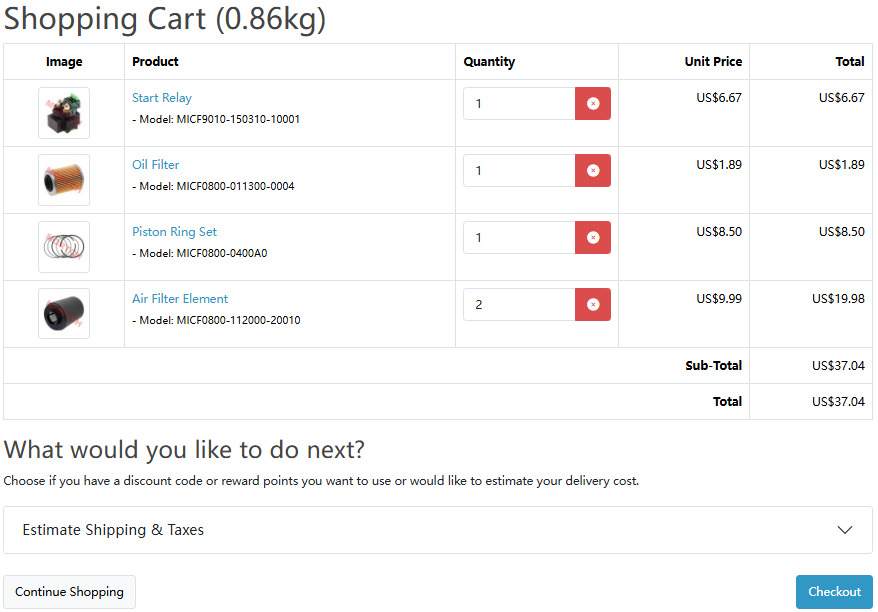 Shopping cart page